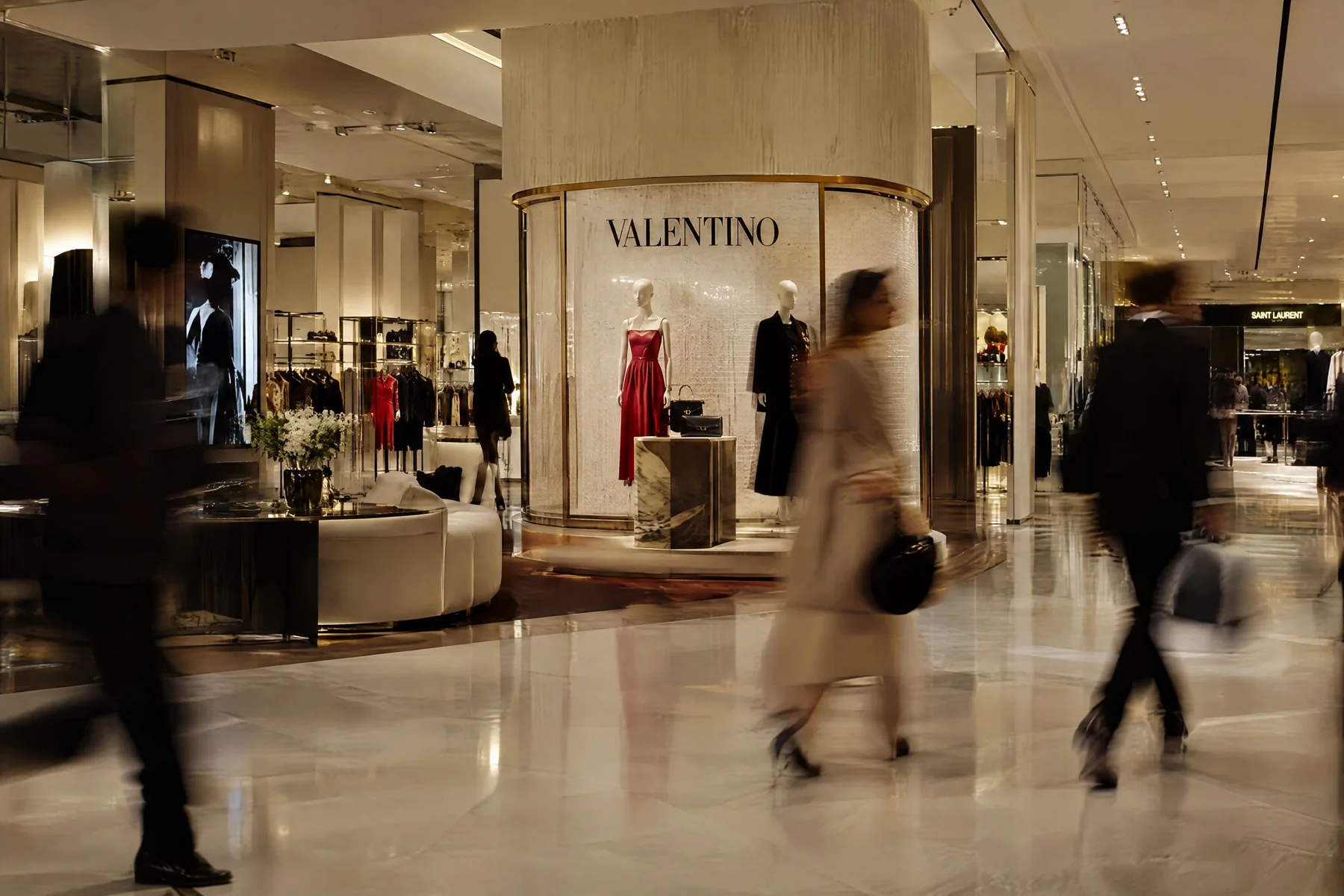 Clothing displays and shopping aisles in a department store